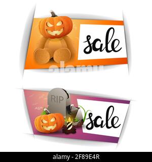 Solde d'Halloween, deux bannières de rabais horizontales. Modèle de remise orange et rose Banque D'Images