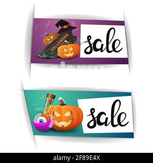 Solde d'Halloween, deux bannières de rabais horizontales. Modèle de remise violet et vert Banque D'Images