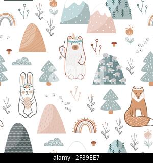 Motif sans couture avec de jolis animaux de la forêt, des fleurs et des arbres. Imprimé puéril pour bébé dans un style scandinave pour les vêtements de bébé ou Illustration de Vecteur