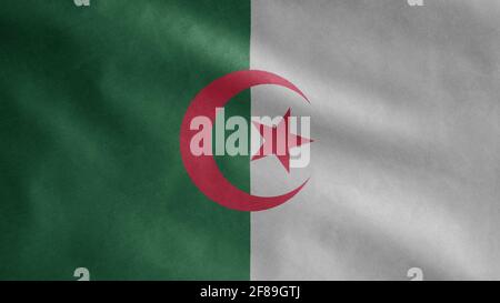 Drapeau algérien agitant dans le vent. Gros plan sur la bannière Argelia, soie douce et lisse. Tissu texture ensign arrière-plan. Banque D'Images