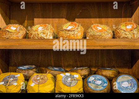 Pienza, Toscane, Italie. Le Pecorino de Pienza est un savoureux fromage à base de lait de brebis, réputé dans le monde entier et délicieux, à vendre sur un marché local Banque D'Images
