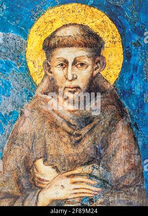 Assise, Ombrie, Italie. Ce portrait de Saint François d'Assise, par le maître Cimabue (1240-1301) dans la basilique basse d'Assise. (Pour usage éditorial Banque D'Images