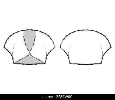 Boléro en fausse fourrure illustration technique de la mode avec col en V, manches à capuchon, style découpé, corps ajusté, longueur de la coupe. Vêtements sans pinces à l'avant, à l'arrière, de couleur blanche. Femmes, hommes unisex CAD maquette Illustration de Vecteur