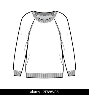 Sweat-shirt technique de mode avec col rond, manches longues raglan, coupe classique, longueur du bout des doigts, bordures côtelées. Pull sans pinces à l'avant, style blanc. Femmes, hommes unisex CAD maquette Illustration de Vecteur