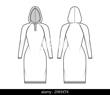 Robe à capuche chandail technique de mode avec col boutonné côtelé, manches raglan, coupe cintrée, longueur genou, bordure côtelée. Pull sans pinces à l'avant, à l'arrière et de couleur blanche. Femmes, maquette de CAO unisex Illustration de Vecteur