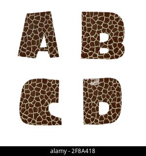 Rendu 3D de l'alphabet de fourrure de girafe - lettres A-D. Banque D'Images