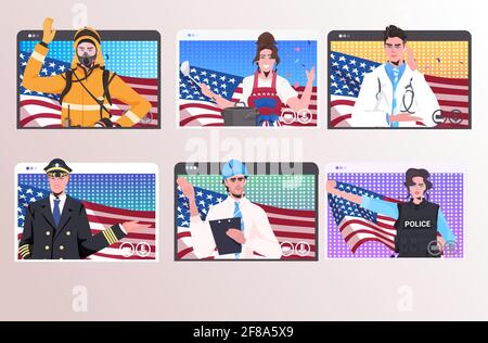 Définir des personnes de différentes professions avec les États-Unis drapeaux le travail heureux journée célébration auto-isolement communication en ligne Illustration de Vecteur