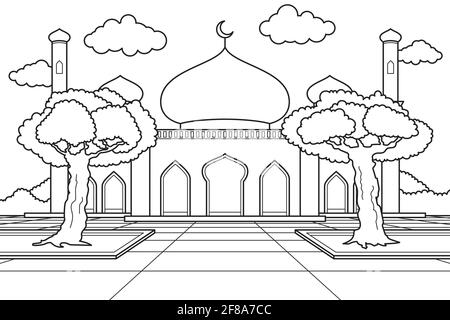 Mosquée avec un grand Yard entouré d'arbres et d'arbustes. Illustration vectorielle. Livre de coloriage. Illustration de Vecteur