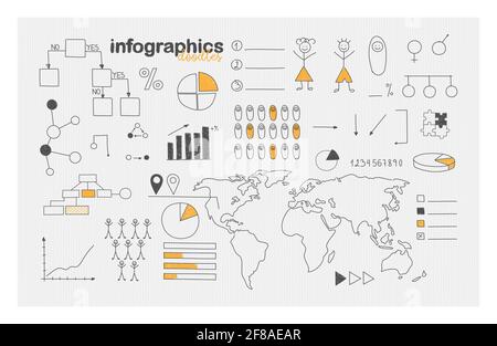 Infographies démographiques et statistiques sociales. Ensemble d'icônes de style Doodle. Carte du monde dessinée à la main, pourcentages, graphiques, graphiques, etc Illustration de Vecteur