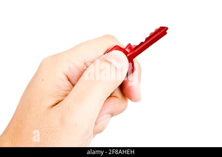 Main de l'homme avec une touche rouge sur fond blanc Banque D'Images
