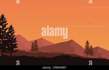Vue sur la montagne avec la silhouette de pins sous le ciel orange au crépuscule. Illustration vectorielle d'une ville Illustration de Vecteur