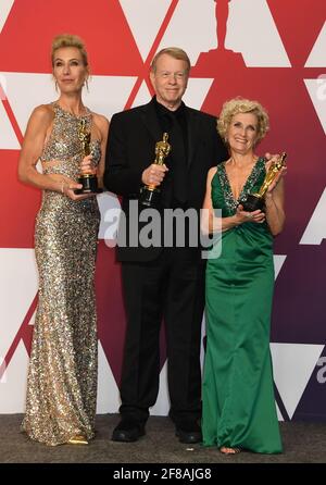 Le gagnant maquillage et coiffage Greg Cannom, Kate Biscoe, Patricia Dehaney dans la salle de presse lors de la 91e cérémonie annuelle des Oscars, tenue au Dolby Theatre à Hollywood, Californie, le dimanche 24 février 2019 photo par Jennifer Graylock-Graylock.com 917-519-7666 Banque D'Images