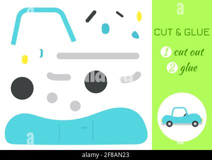Couper et coller le papier dessin animé voiture turquoise. Couper et coller la page d'activité de spécialité. Jeu éducatif pour les enfants d'âge préscolaire. Feuille de travail DIY. Jeux de logique pour enfants, Illustration de Vecteur