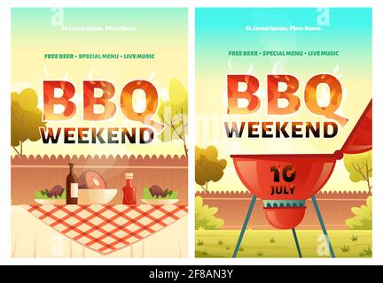 Affiches de dessin animé pour le week-end de barbecue ou invitation à une fête à l'extérieur avec barbecue et nourriture sur table. Pique-nique au barbecue sur la pelouse d'été dans le parc ou le jardin avec bière gratuite et musique live, flyers Vector Illustration de Vecteur