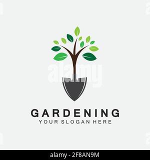 Logo de jardinage avec icône de pelle et arbre avec modèle de logo de feuilles vertes. Illustration de Vecteur