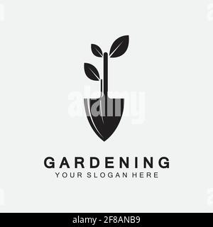 Logo de jardinage avec icône de pelle et arbre avec modèle de logo de feuilles vertes. Illustration de Vecteur