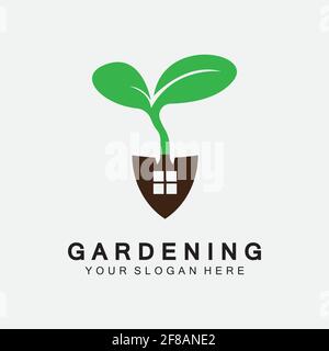 Logo de jardinage avec icône de pelle et arbre avec modèle de logo de feuilles vertes. Illustration de Vecteur