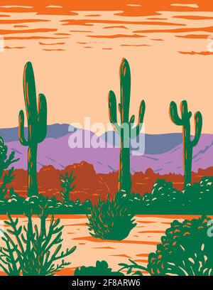 WPA Poster Art of saguaro cactus in Sonoran Desert National Monument situé au sud de Buckeye et à l'est de Gila Bend Arizona fait en travaux projet admi Illustration de Vecteur