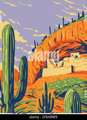 WPA Poster Art of Salado-style falaise habitation et saguaro cactus dans le monument national de Tonto dans les montagnes de Superstition situé dans le comté de Gila, Ari Illustration de Vecteur