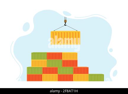 La grue de port soulève le conteneur jaune. Beaucoup de conteneurs d'expédition. Concept de livraison mondiale par transport maritime ou de marchandises au monde. Illustration vectorielle Illustration de Vecteur