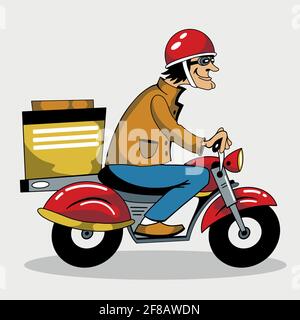 Jeune homme dans un casque sur un motocycle livrant des forfaits dans toute la ville. Illustration de Vecteur