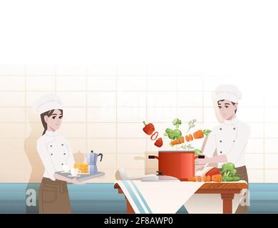 Chef cuisinant derrière la table de cuisine avec une casserole et des ingrédients illustration vectorielle de dessin animé de soupe sur fond de carreaux de céramique Illustration de Vecteur