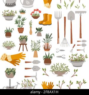 Collection sans couture de motifs d'articles pour le jardinage divers outils de jardinage illustration vectorielle sur fond blanc Illustration de Vecteur