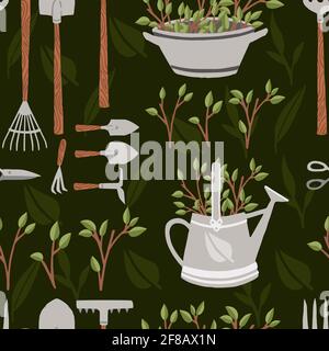 Collection sans couture de motifs d'articles pour le jardinage divers outils de jardinage illustration vectorielle sur fond vert Illustration de Vecteur