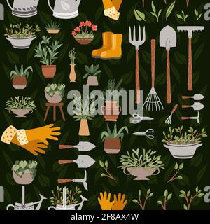 Collection sans couture de motifs d'articles pour le jardinage divers outils de jardinage illustration vectorielle sur fond vert Illustration de Vecteur