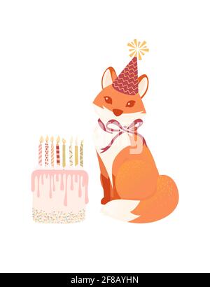 Renard roux mignon dans un chapeau de cône assis avec gâteau d'anniversaire anniversaire animal concept dessin animé animal dessin vectoriel illustration sur blanc arrière-plan Illustration de Vecteur