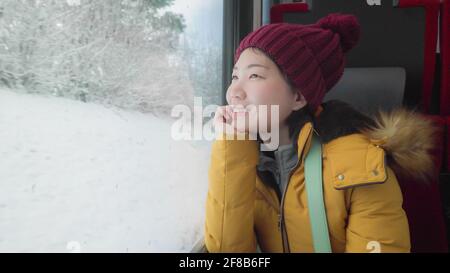 Portrait de style de vie d'une jeune femme japonaise asiatique heureuse et belle dans une veste et un chapeau jaunes regardant à travers la fenêtre du train en voyage pendant les vacances d'hiver Banque D'Images