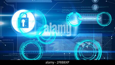 Composition du cadenas de sécurité en ligne, des oscilloscopes, du code binaire, de la carte du monde Banque D'Images
