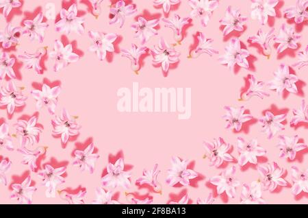 Fleur en jacinthe rose avec ombres et forme de coeur espace vide sur fond rose pastel. Saint-Valentin et toile de fond d'amour. Banque D'Images