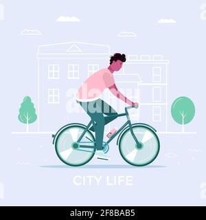 Les jeunes hommes et conduire à vélo, le transport écologique de la ville dans le parc public. Transport électrique personnel, vélo vert. Véhicule écologique, concept de vie urbaine Illustration de Vecteur