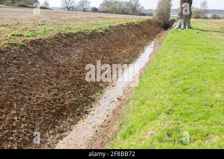 Eau de drainage des fossés récemment vidée des champs à la rivière Deben, Sutton, Suffolk, Angleterre, Royaume-Uni Banque D'Images