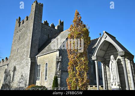 Paysage avec vue panoramique sur le style gothique médiéval de la Renaissance Abbaye de la Sainte Trinité à Adare, Limerick Ireland. Banque D'Images