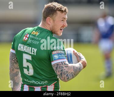 Vente, Angleterre - 11 avril 2021 - Josh Charnley (5) de Warrington Wolves pendant la coupe de défi de rugby Betfred Round 3 Swinton Lions vs Warrington Wolves au stade Heywood Road, sale, UK Dean Williams/Alay Live News Banque D'Images