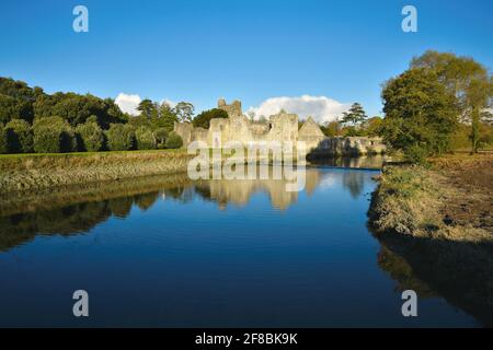 Paysage avec vue panoramique sur la forteresse médiévale Château de Desmond et les jardins environnants sur les rives de la Maigue à Adare, Limerick Irlande. Banque D'Images