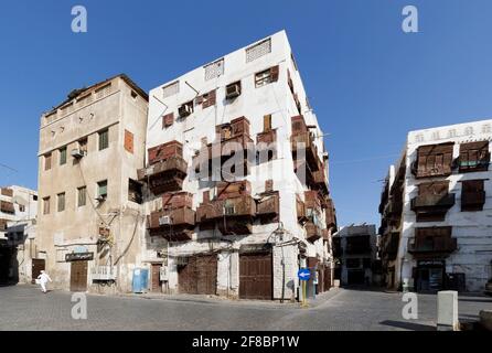 Djeddah, Arabie Saoudite, février 22 2020 : vieille ville de Djeddah avec ses balcons historiques en bois dans le quartier d'Al Balad, Arabie Saoudite Banque D'Images