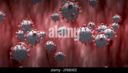 Cellules du coronavirus flottant sur un fond de sang rouge, covid-19 et le concept pandémique Banque D'Images