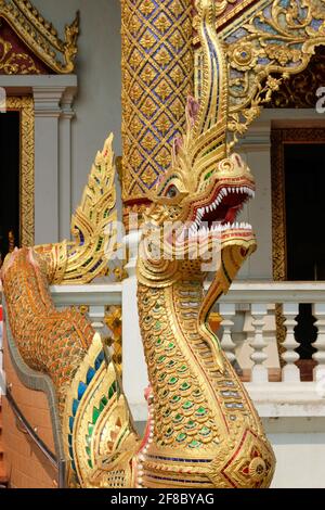 Statue traditionnelle de serpent dragon en or sculpté au temple thaïlandais de Chiang Mai, Thaïlande Banque D'Images