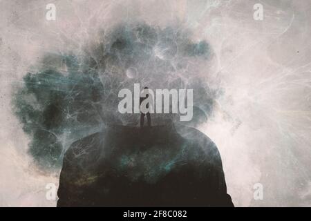 Un concept de science-fiction. Une tête de homme couverte de nuages. Avec une double exposition de la silhouette d'un homme sur le dessus superposé. Banque D'Images