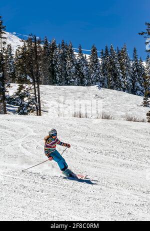 Skieur descendant la piste de ski, montagne Vitosha, Bulgarie, Banque D'Images