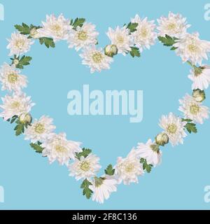 Forme de coeur faite de fleurs blanches et arrangement de feuilles sur fond bleu pastel. Concept minimal créatif de Valentines, femmes, mariage Day.RO Banque D'Images