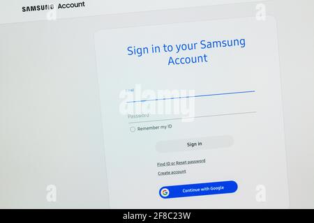 Page de connexion au compte Samsung avec formulaire de connexion, continuer avec l'option Google, sur l'écran de l'ordinateur Banque D'Images