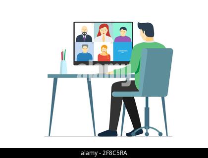 Homme utilisant un ordinateur avec un groupe de personnes à l'écran participant à une conférence en ligne.Séminaire en ligne ou visioconférence à distance et sur le travail à domicile.Visioconférence et communication Web à distance.EPS Illustration de Vecteur