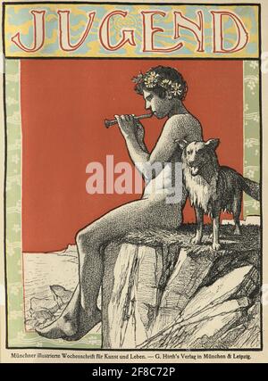 Couverture du magazine d'art allemand Jugend, 1896, petit garçon grec classique jouant la flûte, avec son chien Banque D'Images