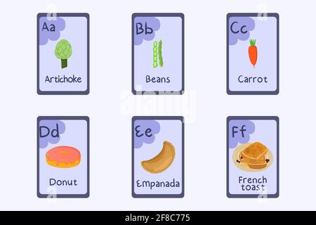 Flashcard alphabet coloré lettre A, B, C, D, E, F - artichaut, haricots, carottes, beignets, empanada, pain grillé. Illustration de Vecteur