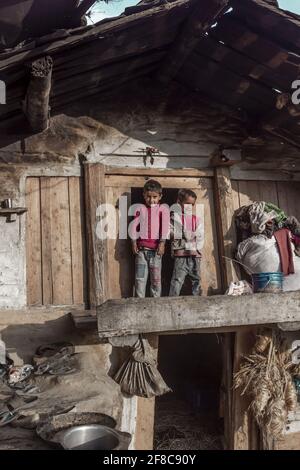 HARIDWAR, INDE - 10 févr. 2018: Enfants du village debout et regardant la caméra Banque D'Images