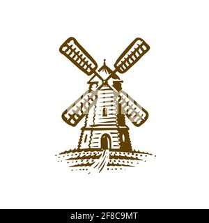 Logo Windmill. Emblème ou symbole de boulangerie sur fond blanc Illustration de Vecteur